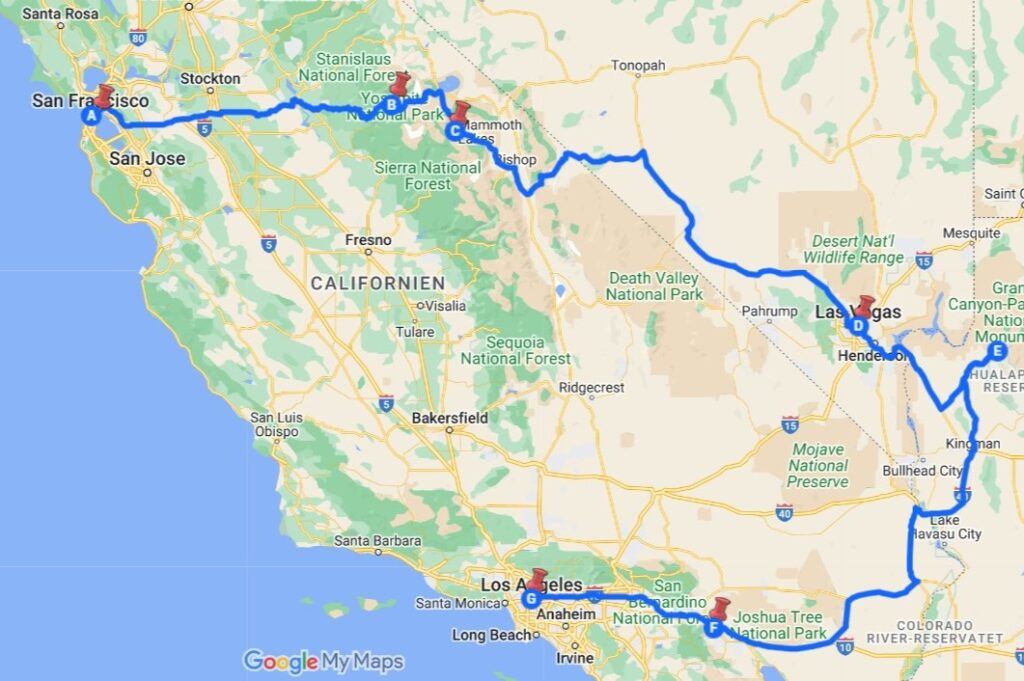 Classic west coast road trip map